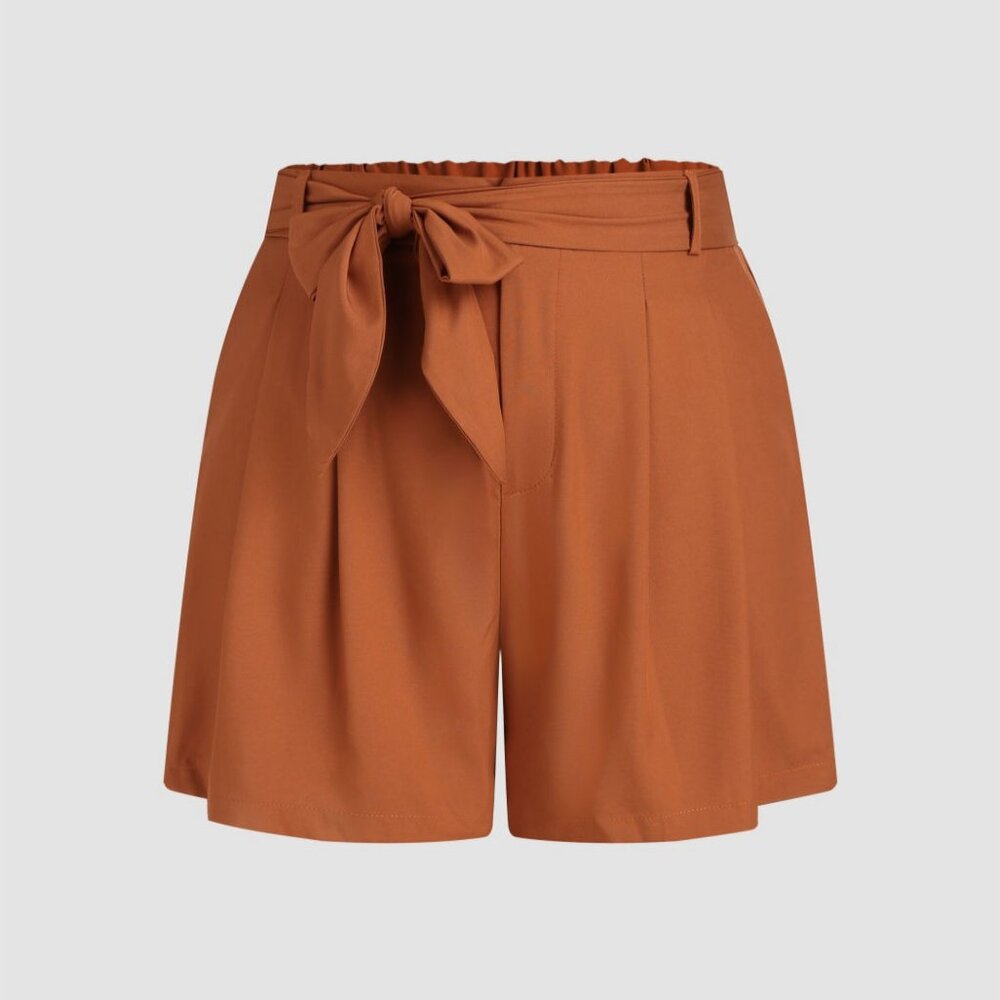 4XL Cider - Mid Waist Belted Bowknot Ruffle Hem Regular Shorts Curve & Plus